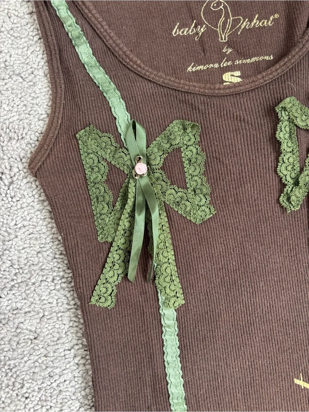 Vintage Y2K Baby Phat Lace Pajama Set Brown Green Small 2 Piece Set Ribbed Cami